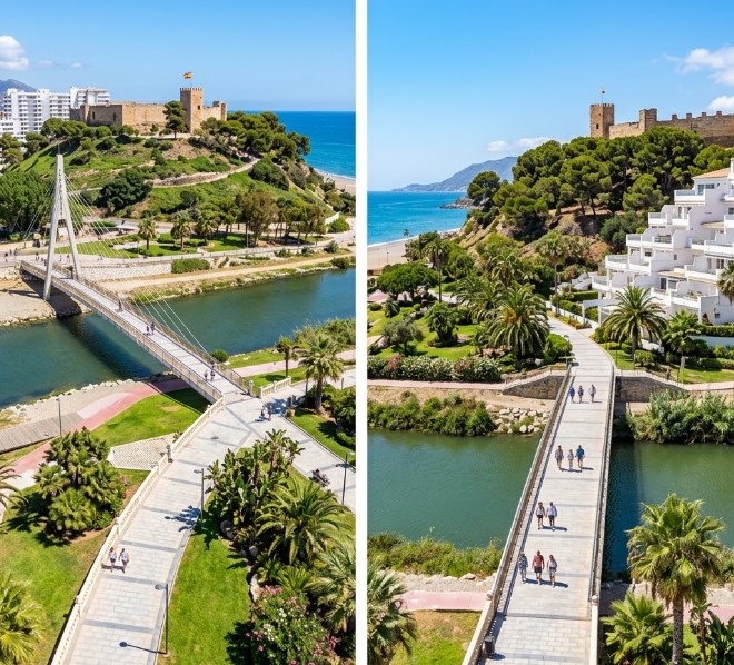 Vistas del Parque Fluvial, la pasarela peatonal y la colina del Castillo Sohail en Fuengirola, Málaga